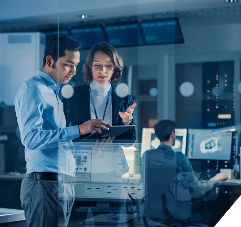 Team of consultants analysing data on tablet